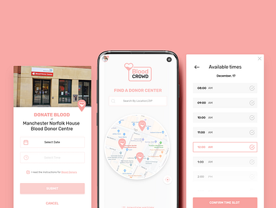 Blood Donation App Design app design appointment booking blood blood donation bloody branding crisys design donate donation donor flat help location app map material design scheduling social ui ux