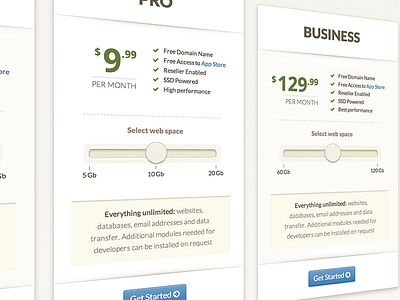 Pricing Plans table with slider