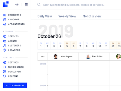 Monthly Calendar admin appointments booking calendar scheduling side menu
