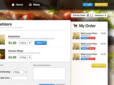 Web application for restaurants checkout food menu order restaurant shopping cart side menu