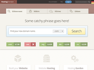 Website for domain registration and hosting brown homepage hosting search search bar subtle tabs