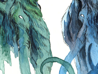 Mammoths arctic beast blue drawing extinct fur green illustration ink mammals mammoths tusks watercolor