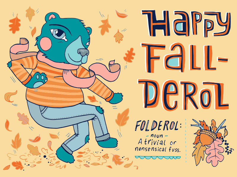 Happy Fall-Derol bear dance leaves bright fall illustration