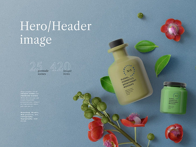 Beautiful Hero Image Of Cosmetics Packagings With Flowers Mockup