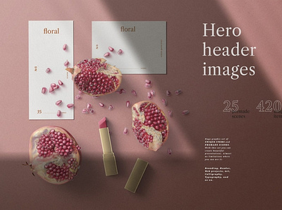 Hero Header Scene With Cards And Pomegranate Mockup Top View stationery