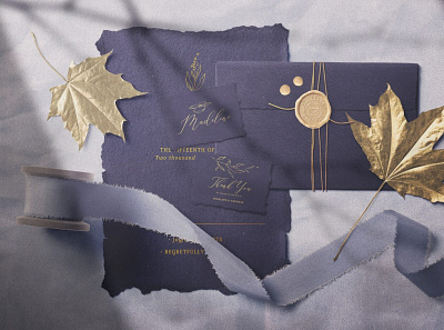 Handmade Invitation Cards With Golden Leaves Mockup Top View wedding mockups