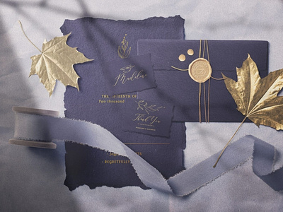 Handmade Invitation Cards With Golden Leaves Mockup Top View