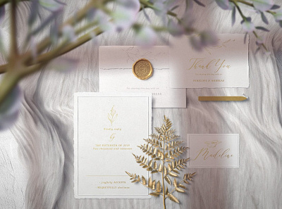 Wedding Invitations And Envelopes With A Golden Branch Mockup wedding mockups