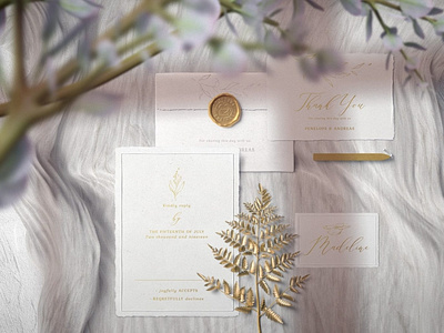 Wedding Invitations And Envelopes With A Golden Branch Mockup