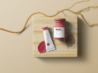 Stylish Packagings And Dry Branch Mockup Top View top view