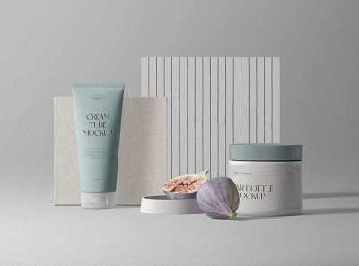 Stylish Scene With Cosmetic Tube And Cream Bottle Mockups graphicdesign