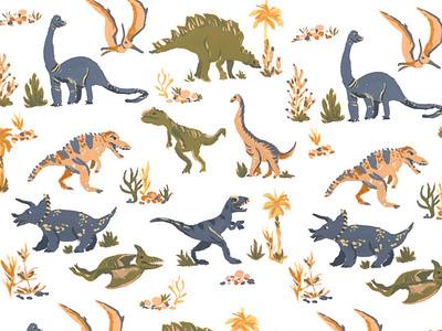 Painted Dinosaurs Repeat Pattern clothing pattern dino dinos dinosaurs fabric pattern gouache handpainted illustration kids pattern kids print painting pattern repeat pattern surface pattern surface pattern design