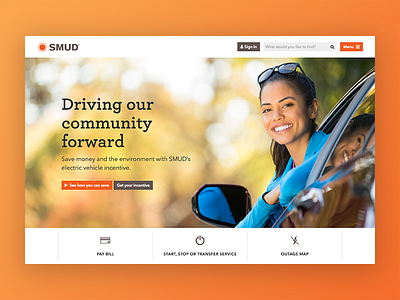 SMUD Homepage california community customer experience customer portal electric electric car hamburger menu hero hero banner map online service self care service design sitecore usability utility