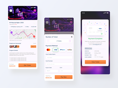 Event App: Details Page & Ticket Booking UI 2020 app design confirmation creative design editorial event design event search app event view map page ui design map ui mapbox mobile app design ticket app ticket booking app ticketing