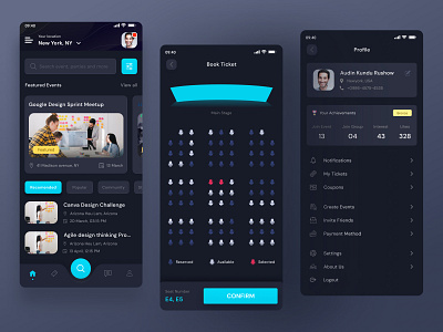 Event Discovery App Dark Mode app design ui ux creative design dark app ui design dark design dark mode dark theme dark theme design trend digital designer event app home page design event app home page design event search app design event seat booking app profile page design seat confirm app ui design ticket booking dark theme