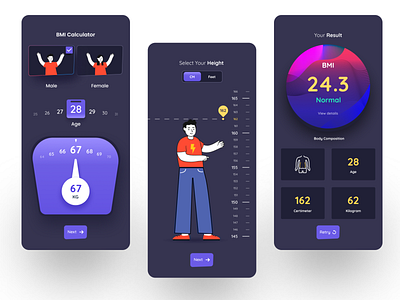 BMI Calculator Concept Dark Mode 2020 trends clean design dark mode app design dark mode app design diet diet app feet fitness app design fitness center fresh design health app design healthcare ios app design measure tracker app weight loss