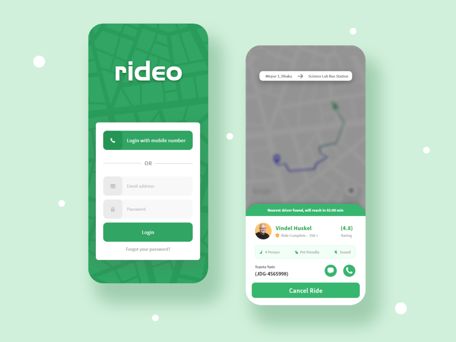 Ride Sharing App Login & Car Request UI design by Audin Rushow on Dribbble