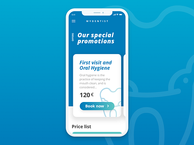 Fresh UI design for the promotions page of a dentist's m.website andreafenaroli app booking card dentist doctor graphic health healthcare horizontal mobile price list promo page promotion slide swipe ui ui ux usability wip