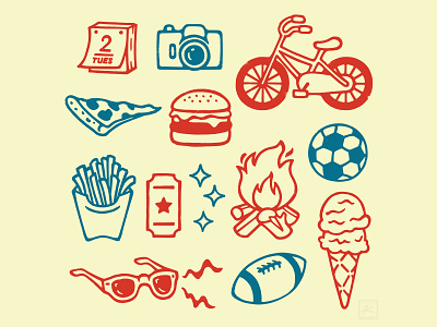 Summer Fun Illustrations ball bicycle burger calendar camera camping fire fries glasses ice cream outdoors pizza rugby soccer ball spark ticket