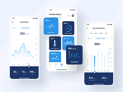 Medical Consultation App - Health Status calories card cholesterol clean consultation doctor health heart rate hospital medical online overlap real time skin temperature smart band stats status stress ui design ux design