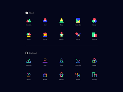 Minimal icons branding colorful design family filled gradient color home house icon iconography illustration logo minimal art mountain outline river sketch tree ui world