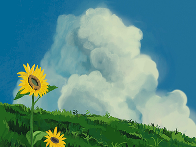 S O A K art blue clouds grass procreate sunflower yellow