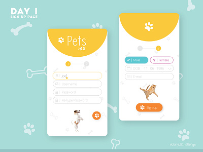 Sign-Up page design colorful design dailyui dailyuichallenge design flat illustration login mobile app pets signup page signup screen ux