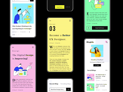 Bloglife App app article blog colors dark dashboad illustration login logo magazine management menu mobile app news profile readers reading app splash web website