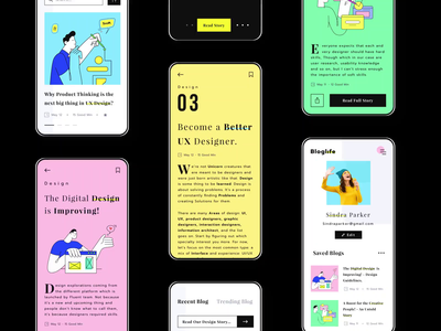 Bloglife App mobile app logo management dark menu login splash profile colors readers reading app dashboad website web magazine illustration news blog article app