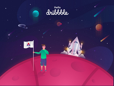 Hello Dribbble! branding character design galaxy hello dribbble icon illustration logo rocket ui vector