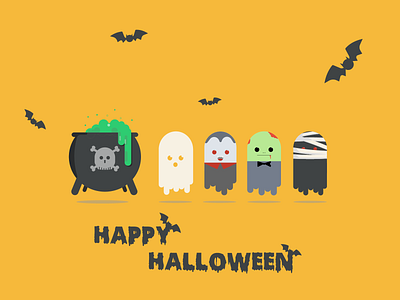 Happy Halloween bat black cauldron cute design flat ghost green happy halloween illustration mummy poison vampire zombie