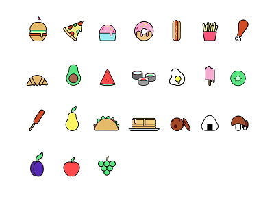 Food icons apple avocado cookies design donut flat food hamburger icon illustration pancakes pizza plum sushi vector