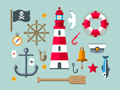 Sailor set anchor beacon bell circle coin compass flag paddle pipe pirates playing cards seagull