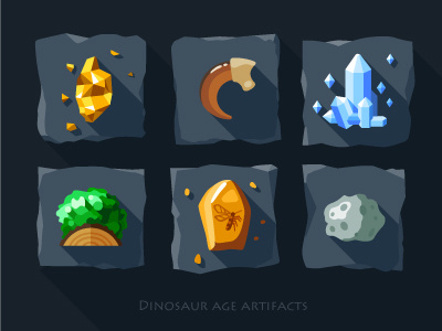 Artifacts icon set - 1 amber claw crystals dinosaur gold green meteorite mosquito moss old quartz tile