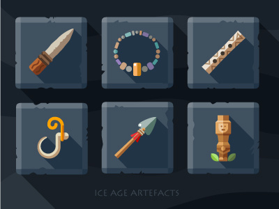 Artefacts icon set - 2 boom coat flute hook ice knife necklace plate spear tile totem