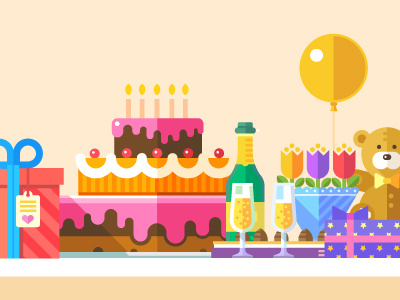Birthday party illustration bear birthday cake car flower game gift glass party wine