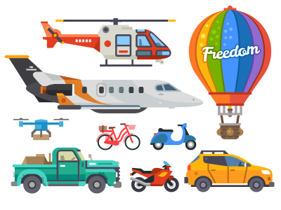 Transport set airplane auto baloon bicycle building city flat motorbike motorcycle transport truck vector
