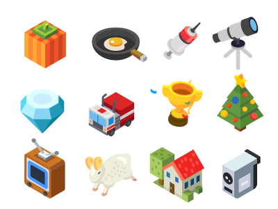 Isometric icons, 3D+AE animation isometric icon cara house animal television christmas cup robot diamond egg pumpkin