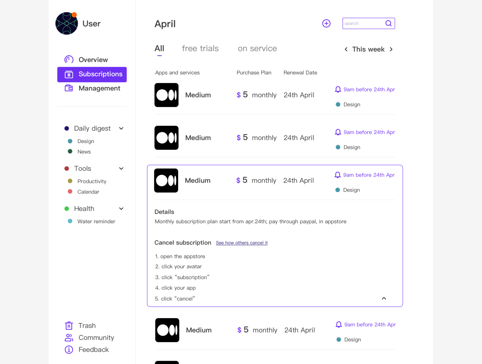 Subscription management web UI by Vicky Kong on Dribbble