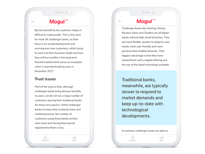 Article content on Mogul News app articles design headings headline ios ios app news news articles newspaper quote reading reading app typeface typography ux