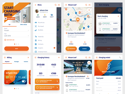 Electric car charging app android application blue charger charging charging station electric car interface mobile mobile app orange product design ui wienenergie