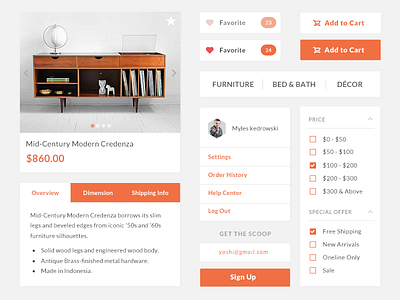 Furniture eCommerce UI add to cart button ecommerce favorite filter flat ui forms furniture menu shop tabs ui