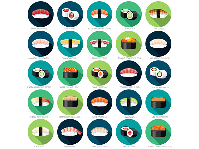 Sushi Icon Set fish flat design food icon icon set illustration japan japanese seafood sushi vector
