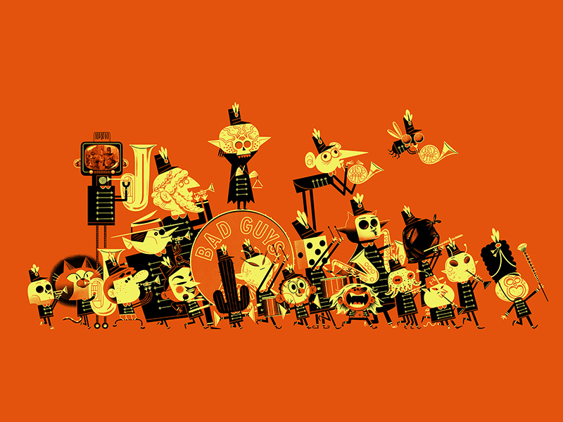 The Bad Guys Band so far! marching band creatures aliens skeletons monsters andrew kolb kolbisneat illustration limited palette halloween drawing challenge bad guys band