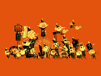 The Bad Guys Band so far! aliens andrew kolb bad guys band creatures drawing challenge halloween illustration kolbisneat limited palette marching band monsters skeletons