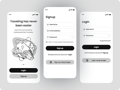 Travel app Login and Signup pages app black blackandwhite branding design illustration minimal monochrone travel ui ux white