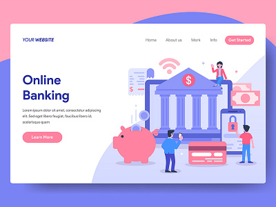 Online Banking Illustration for Web Landing Page banking business character design figure flat illustration investing investment landing modern online page security services ui user interface vector web website