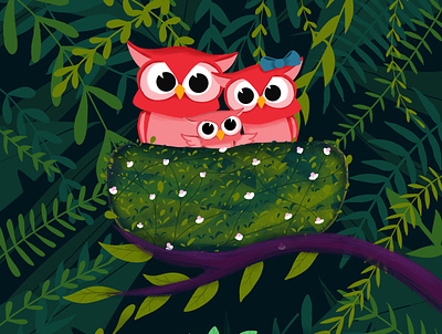 Illustration | Owl Family 2019 animal clip studio paint forrest green illustration leaves nest night owl photoshop wacom