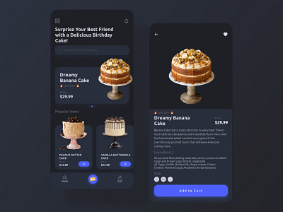 Foods Mobile App - Dark mode app design app ui cake cake shop concept dark ui food food and drink food app mobile app mobile app ui mobile design uiux