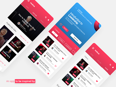 Motivational App | Motihub app books categories components design explore header heart inspiration like list mobile play playlist tabs ui video